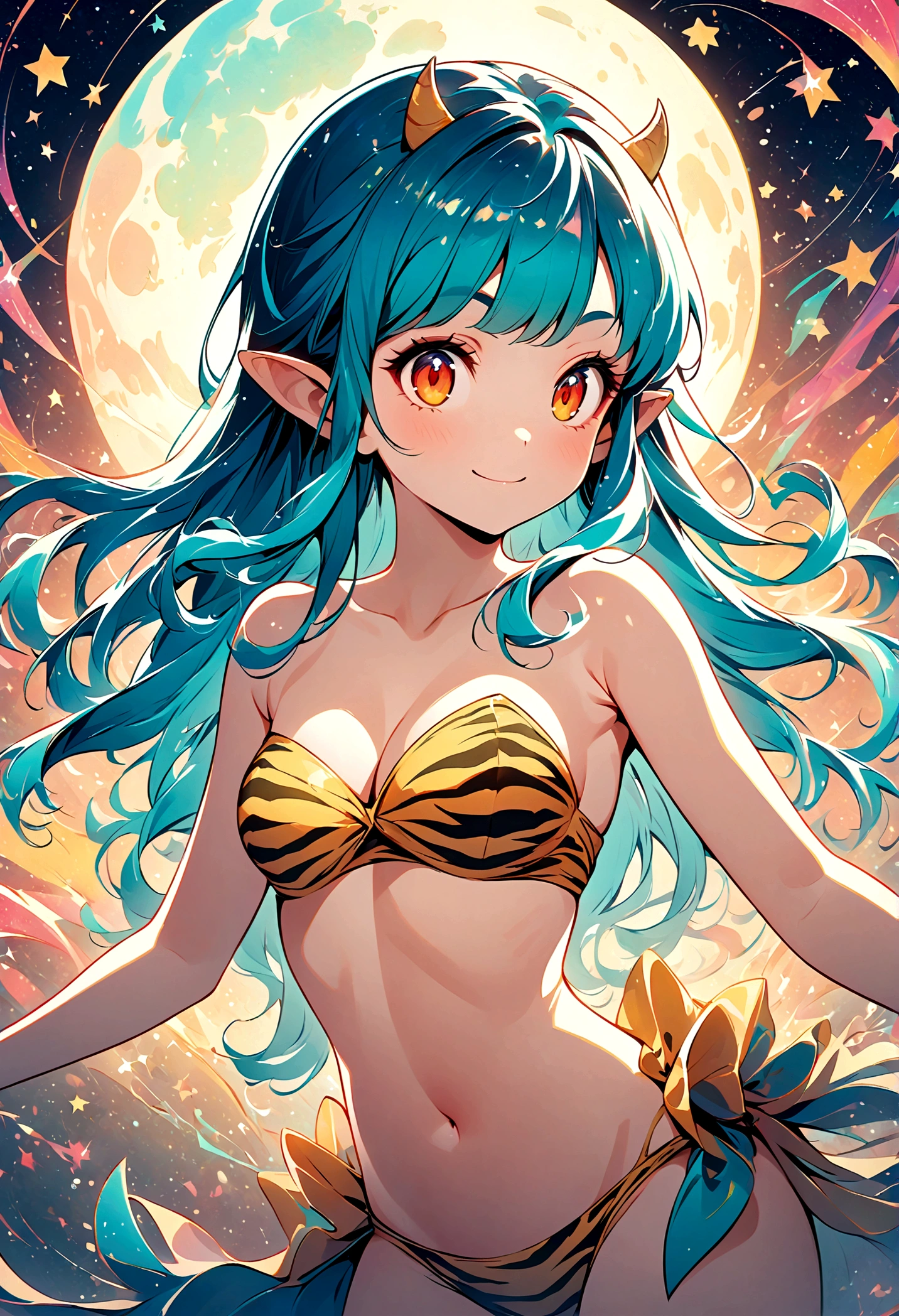 takahashi rumiko style,(1 girl,Lum,long hair,bangs,blue hair,orange eyes,horns,pointy ears,aqua hair,oni horns,(eyeshadow),navel, cleavage, swimsuit, bikini, strapless, animal print, yellow bikini, tiger print, strapless bikini,,the character Lum from "Urusei Yatsura",girly,bright smile,fine,Lum is floating in the air,(Jump:1.3),Bright and cheerful atmosphere,BREAK,(Creates a POP illustration style background,Background elements such as space or a starry sky,Outer space with the moon and stars floating in it,rich colors,colorful,(shooting star),draw with thick lines,Sparkling,unbelievably absurd,zentangle elements,vector art),beautiful light and shadow,BREAK,(masterpiece:1.3),(highest quality:1.4),(ultra detailed:1.5),High resolution,extremely detailed,unity 8k wallpaper,(complicated details),absurdity,(Glitter),anatomically correct,cute