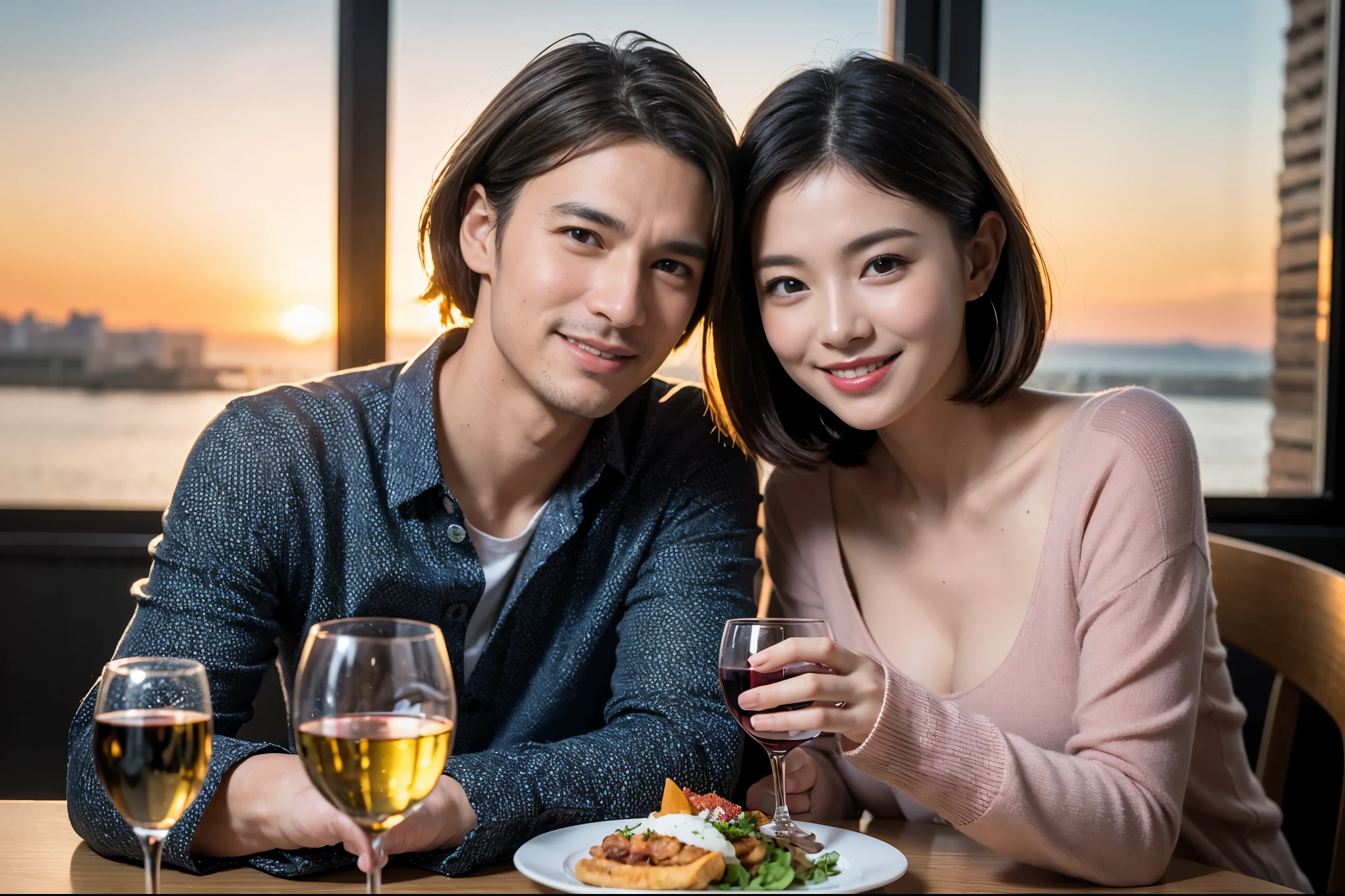 ((highest quality、8k、masterpiece:1.3))、 (Realistic, Real、Bright image、Intricate details:1.2), Best smile 1 man 1 woman、Beautiful couple、lover、couple、spouse、Beautiful couple、Happy smile、full-course dinner、 (Slim face), (Slim Body), (Brown Hair), (Short Hair), テーブルの上のwine glass、Please put light on my face、 Amazing view of the sunset sky and clouds、 (Age 42), 39 years old, red wine 、Appetizers、Wine bottle、sparkling wine、Long sleeve shirt、dress、White wine, red wine, wine glass,