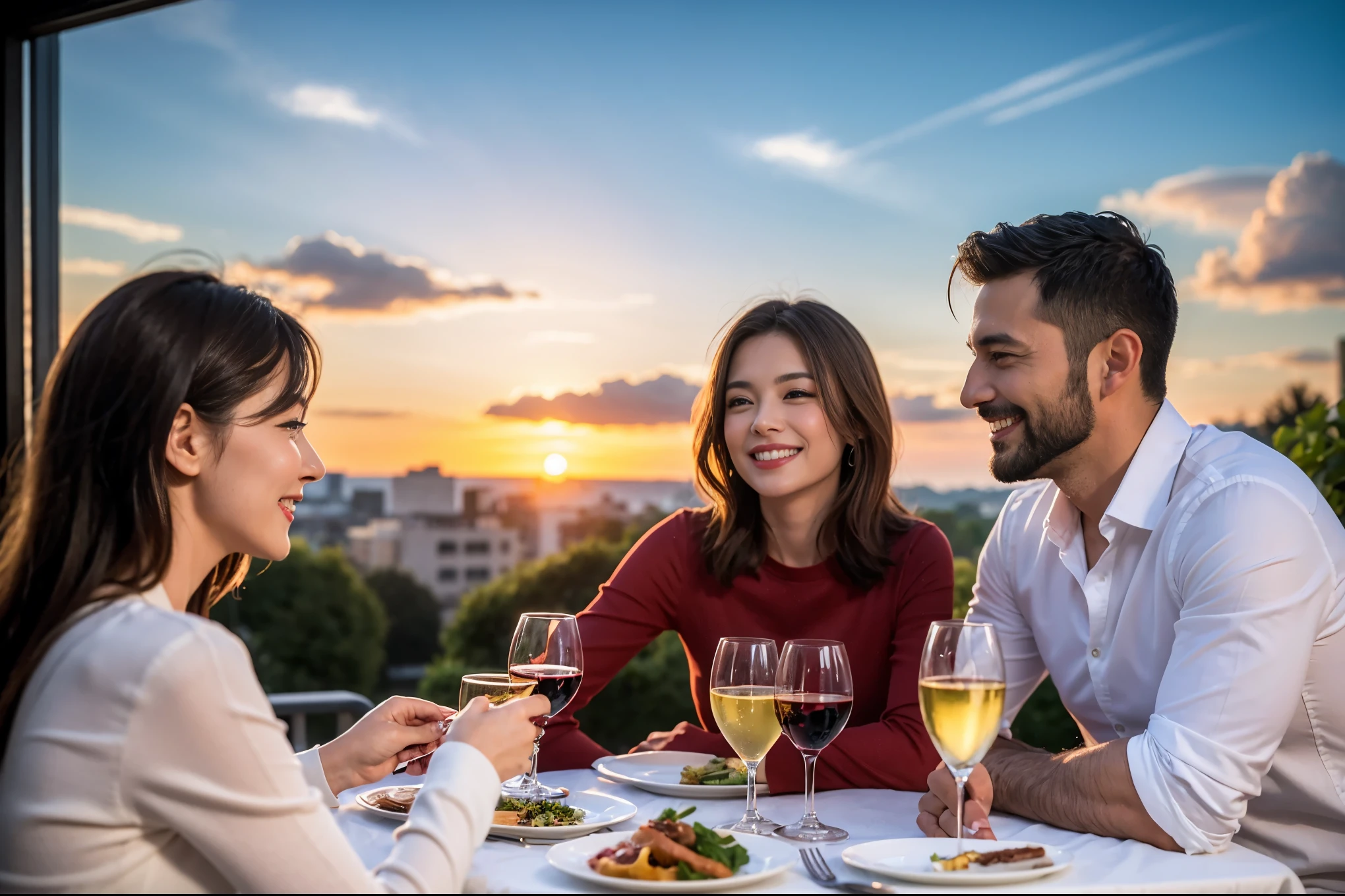 ((highest quality、8k、masterpiece:1.3))、 (Realistic, Real、Bright image、Intricate details:1.2), Best smile 1 man 1 woman、Beautiful couple、lover、couple、spouse、Beautiful couple、Happy smile、full-course dinner、 (Slim face), (Slim Body), (Brown Hair), (Short Hair), テーブルの上のwine glass、Please put light on my face、 Amazing view of the sunset sky and clouds、 (Age 42), 39 years old, red wine 、Appetizers、Wine bottle、sparkling wine、Long sleeve shirt、dress、White wine, red wine, wine glass, 