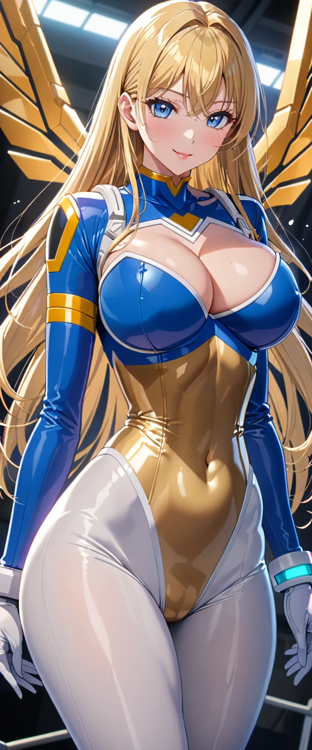 ((masterpiece)), ((high quality)), ((super detailed)), ((high resolution)), ((8k)),a beautiful woman, ((She is one of the most famous actress in Japan.)), unparalleled beauty, ((large breast:1.4)), ((large ass)), ((deep cleavage)), slim waist, chest out, ultra detailed face, perfect skin, (((waist length hair, ((long straight golden hair)), crossed bangs))), blue eyes, detailed eyes, whole body image, sexy, an inviting smile, sensual, (((anime))), ((glamorous)), sexual attraction ,23 years old, ((incredibly beautiful woman)), ((The H cup bust)), ((sexy pose)), ((neat and clean.)), (((Power Ranger))), heroine, (((high leg leotard, white line on blue colored power suit))), ((beautiful breasts)), beautiful legs, 8 life size, anime:1.4, the most beautiful and strongest, ((charm)), energy wings,