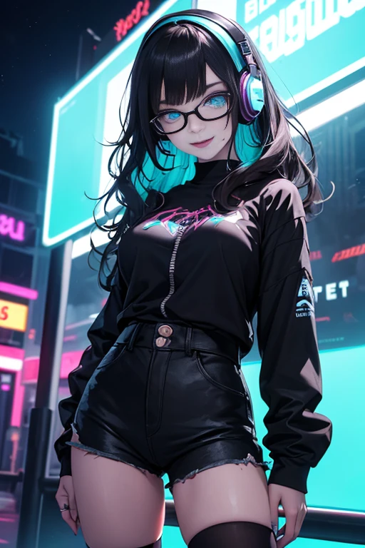 ((best quality)), ((masterpiece)), ((detailed eyes and face)), perfect face, female, goth girl, aqua eyes, black lipstick, light smile, long black wavy hair, wearing headphones, bangs, nerdy glasses, light blue tank top, long sleeves, black shorts, her left leg is a robot leg, big breasts, nighttime, neon lights in the background, colorful lights
