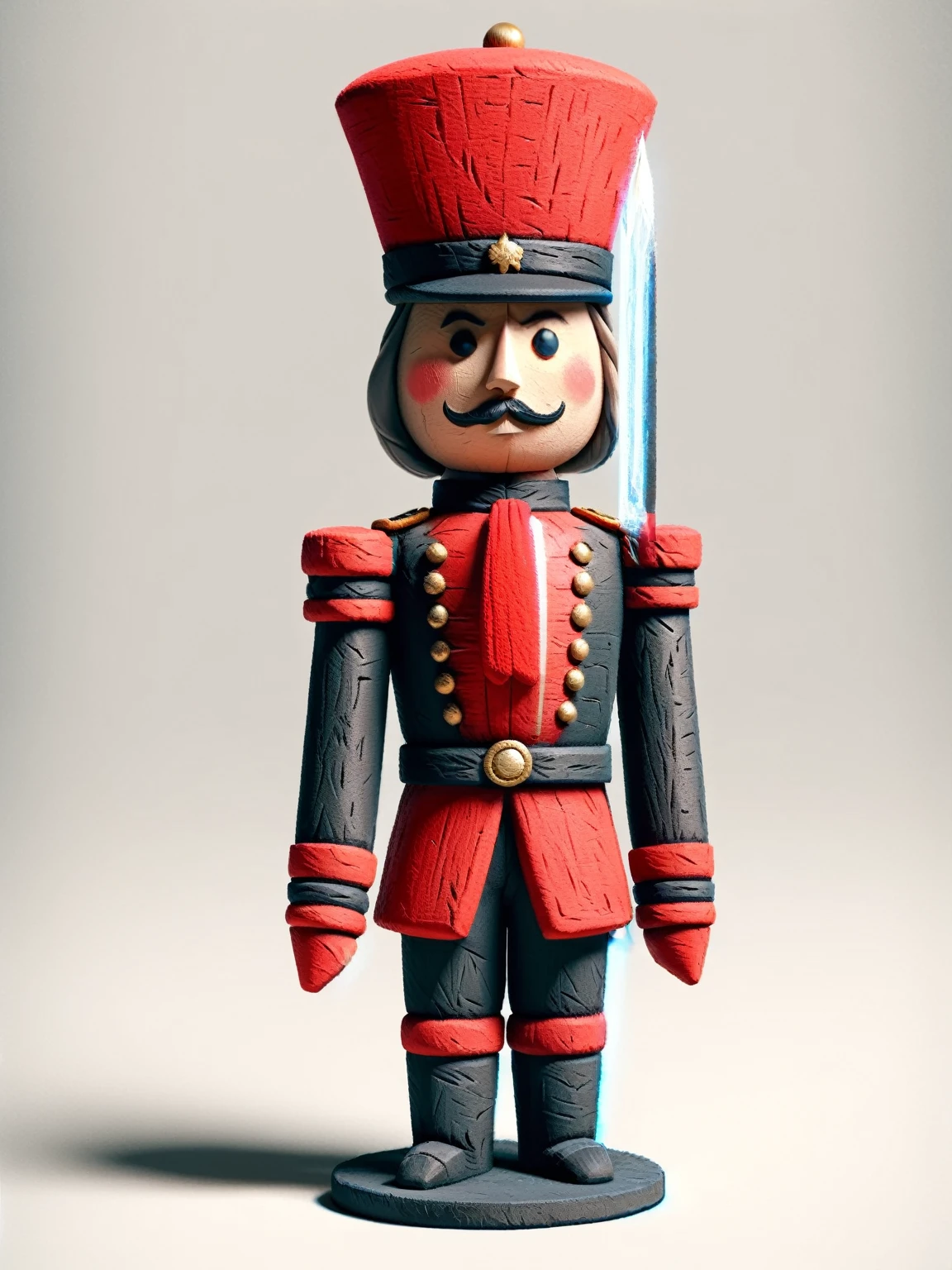 Best quality, 4K picture quality, 1 nutcracker, Standing guard at a proud 5 feet tall, the nutcracker soldier cuts a striking figure. Clad in a classic red and black uniform, his white belt gleams with a single, fiery red gemstone. Atop his head, a wide-brimmed black felt hat adds a touch of regality. Musket firmly grasped, he stands resolute, a silent protector ready to keep your family safe from harm.