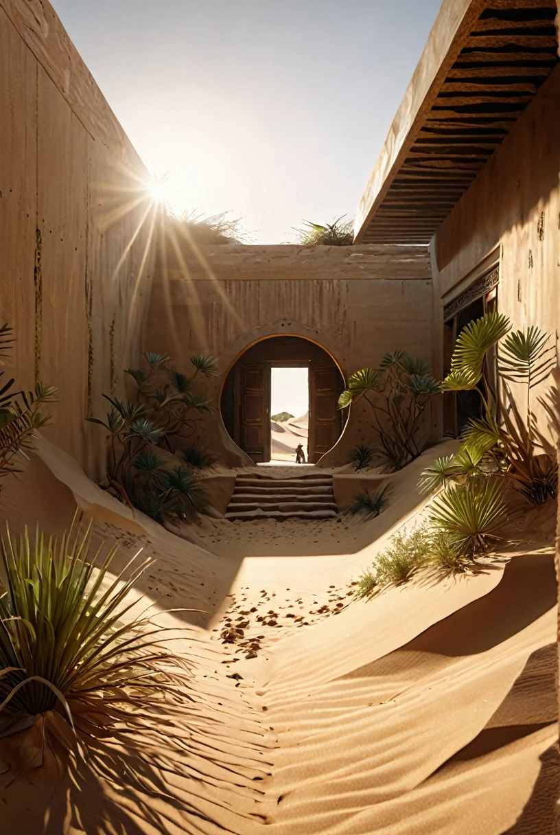 (1boy), eastern architecture, plants, dune environment
reflections, realistic lighting, light rays, beams of light, realistic, high quality photo, 4k, 7-dune
