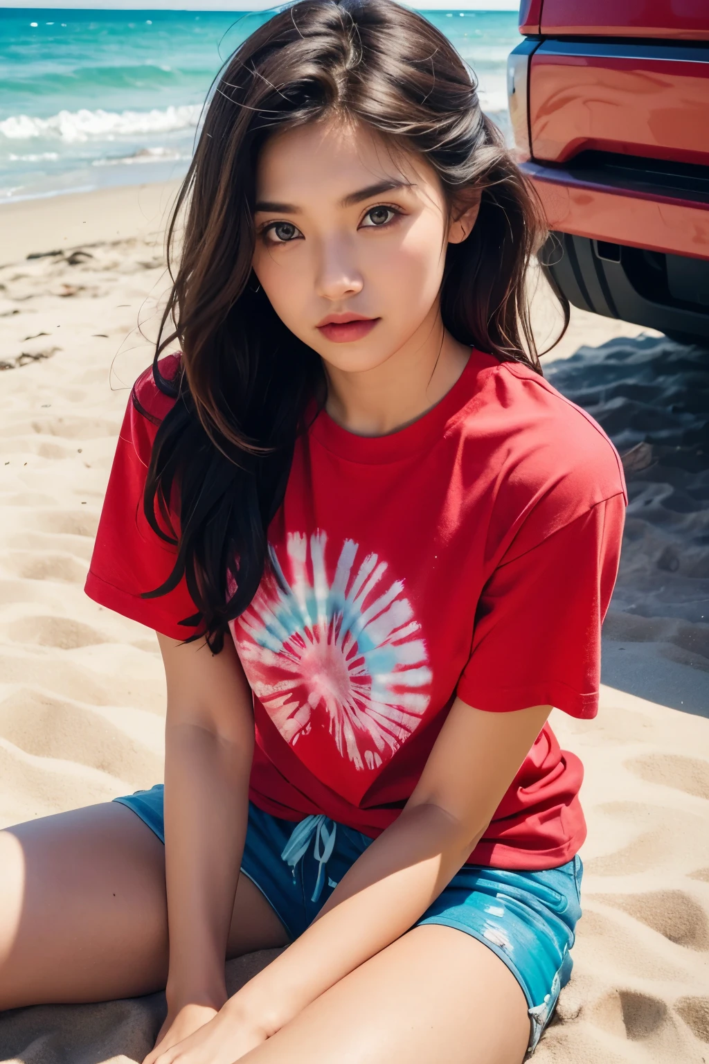 Close up of person sitting on ground near red truck, Graphic T-shirt, wearing shorts and t shirt, graphic printing, 70 seconds of mood, cute lady, tan skin, T-shirt and shorts, hippie fashion, Inspiration, 😭 🤮 💕 🎀, medium portrait, wearing a tie dye t-shirt, Posing on a beach with the sea
