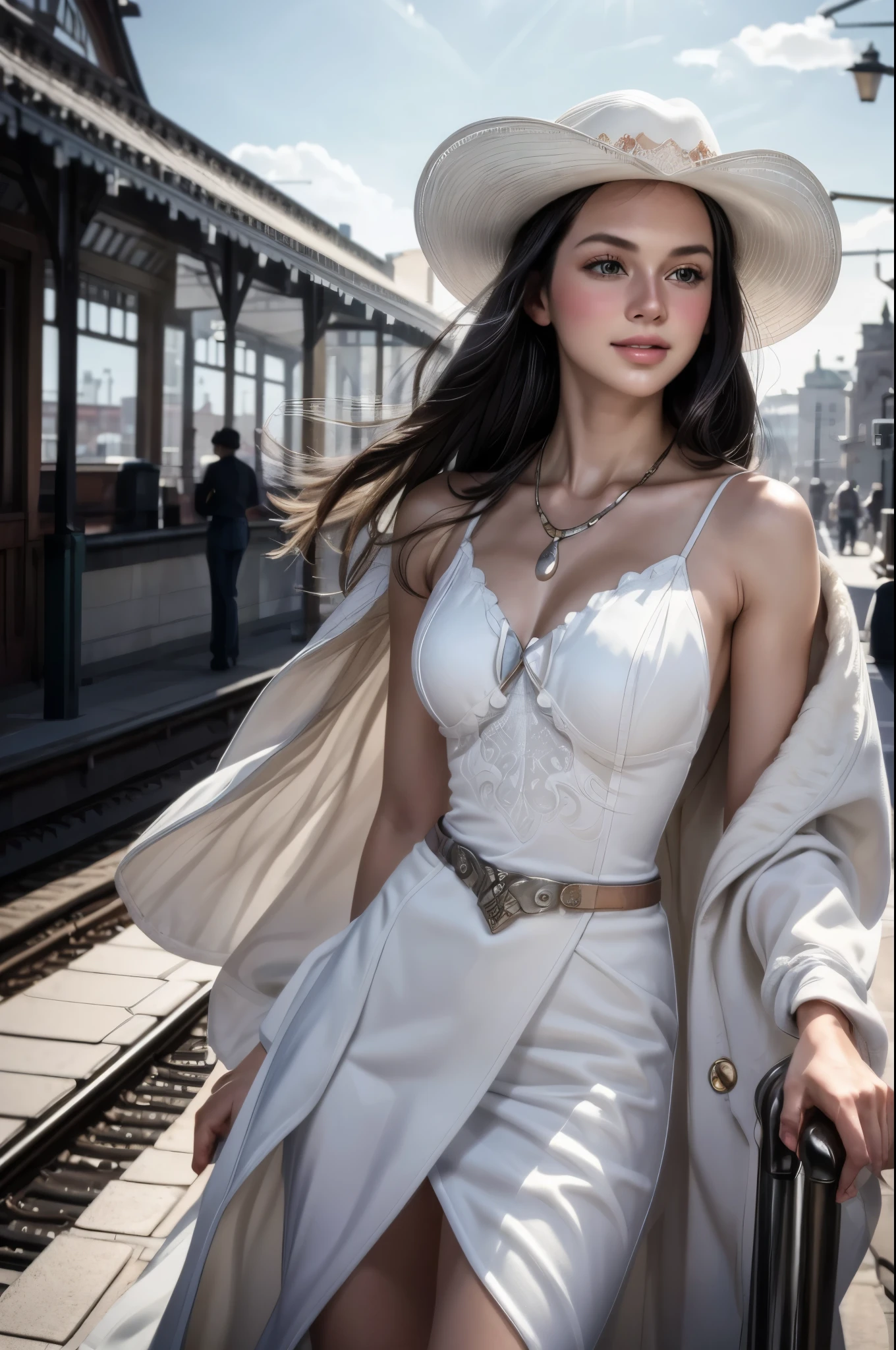 masterpiece, best quality, extremely detailed, hyperrealistic:1.1, photorealistic, a beautiful 20s russian model, ultra detailed face:1.1, white cowboy hat:1.1, white fur coat, x-arms:1.3, eye closed:1.3, black hair, train station, in the sunshine, sly smile
