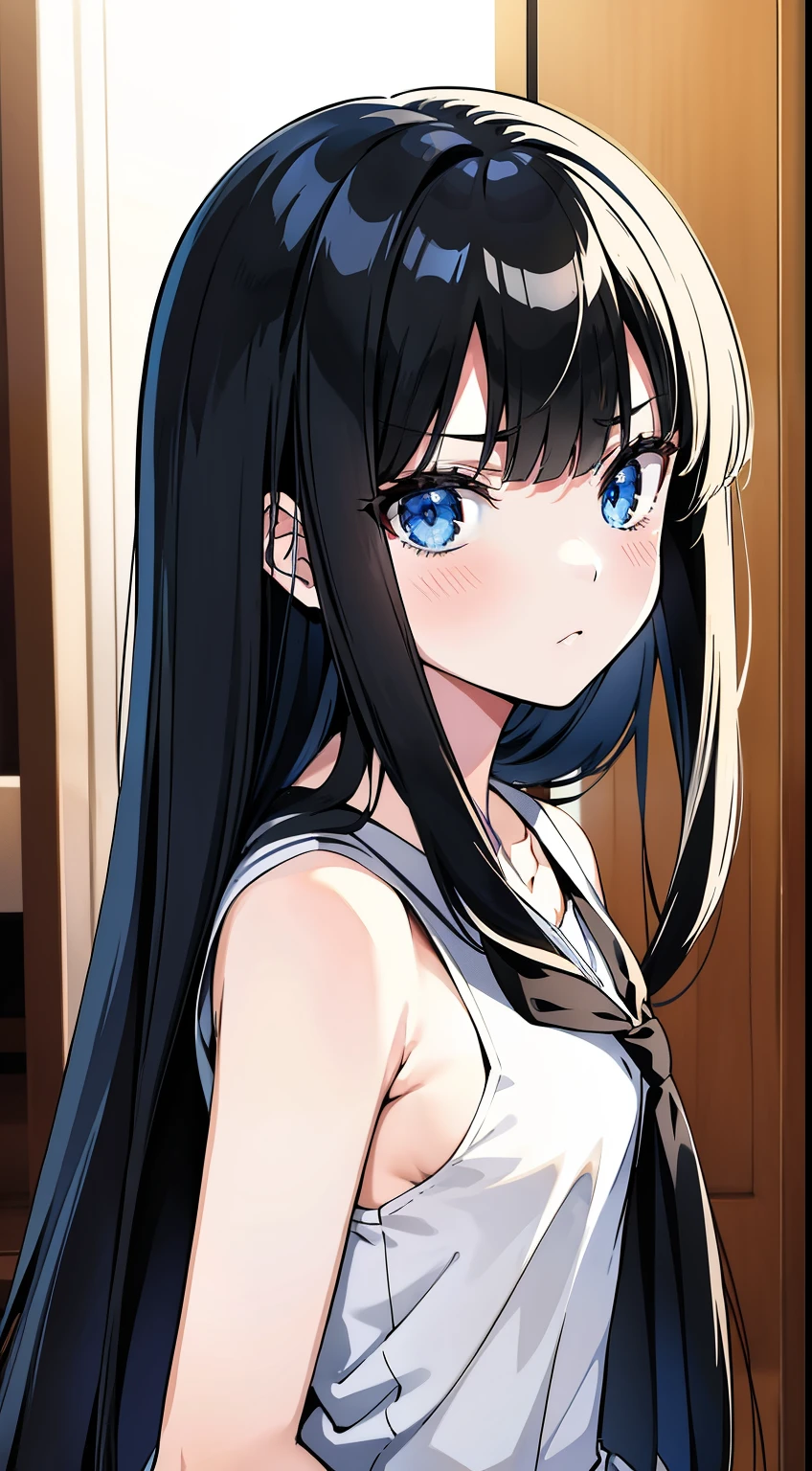 anime girl with long black hair with bangs blue eyes looking back with a serious face on her face looking at the camera bow on her head 