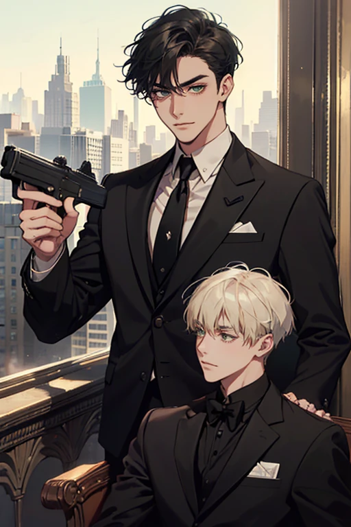 ((a young man in a black suit and tie)), taken in the early 2020s, gotham, alejandro, he looks very sophisticated, ((one side swept bang black short hair)), (dark green eyes and thick eyebrows), smirk. ((20 years old)), ((Black suite and black tie)), masterpiece, with a gun