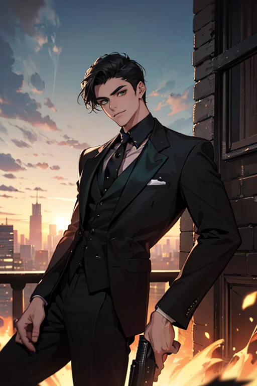 ((a young man in a black suit and tie)), taken in the early 2020s, gotham, alejandro, he looks very sophisticated, ((one side swept bang black short hair)), (dark green eyes and thick eyebrows), smirk. ((20 years old)), ((Black suite and black tie)), masterpiece, with a gun