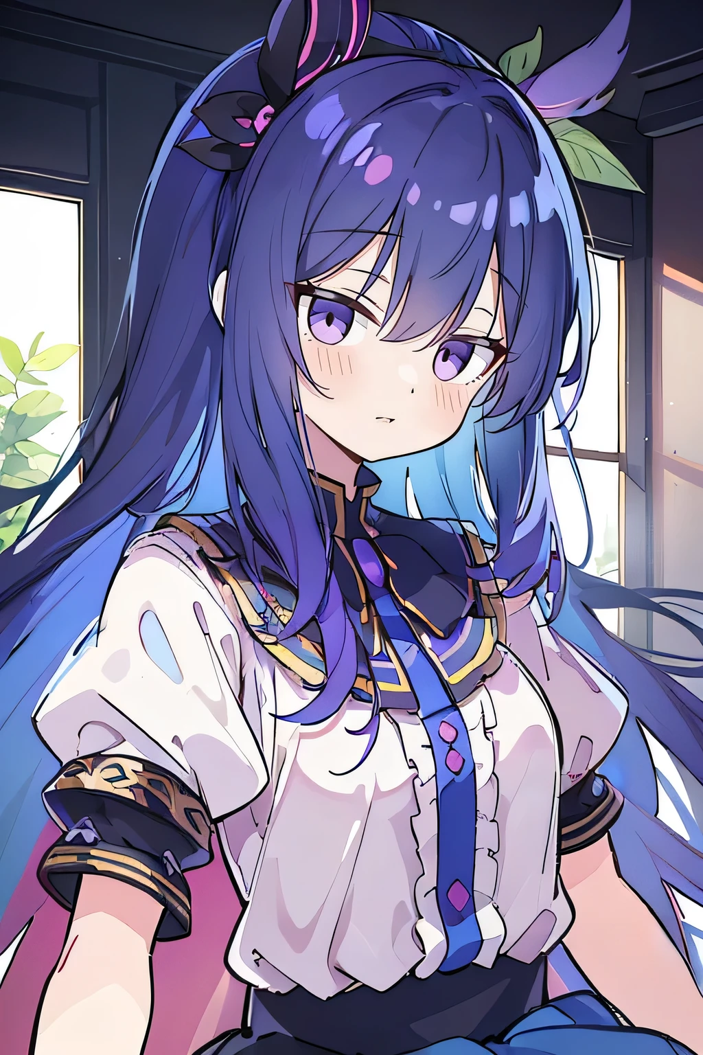 (Best Quality: 1.3), (Masterpiece: 1.3), (Illustration: 1.3), (Ultra Detailed: 1.3), (Imide Lens: 0.9), 1girl, Medium Breasts, Purple Eyes, ((Dark Blue Hair) ), hair accessories, young, clothing-gladiia, long hair, dark blue hair, indoors, black shorts, high socks, low ponytail, expressionless, upper body, close-up, coat, skirt,