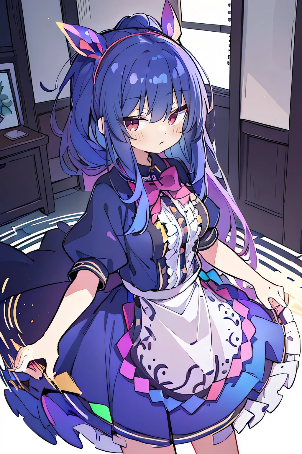 (Best Quality: 1.3), (Masterpiece: 1.3), (Illustration: 1.3), (Ultra Detailed: 1.3), (Imide Lens: 0.9), 1girl, Medium Breasts, Purple Eyes, ((Dark Blue Hair) ), hair accessories, young, clothing-gladiia, long hair, dark blue hair, indoors, black shorts, high socks, low ponytail, expressionless, upper body, close-up, coat, skirt,