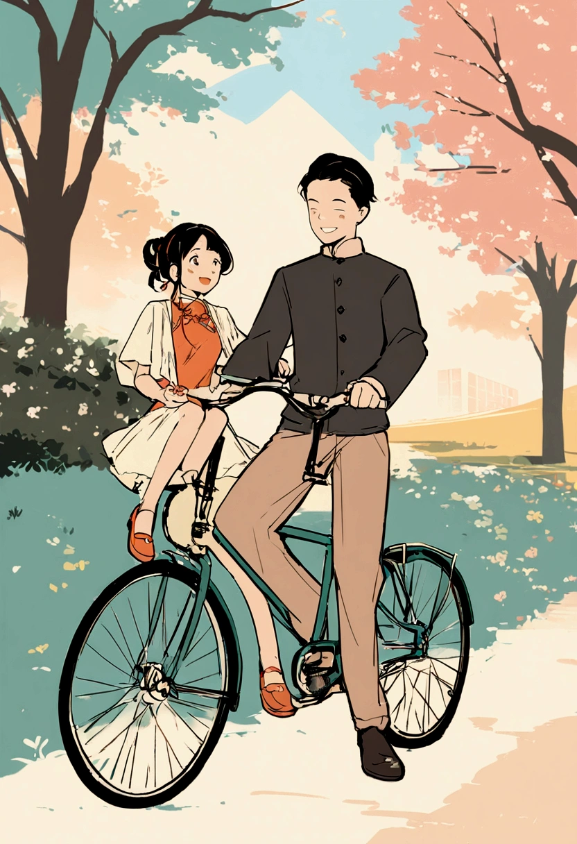 Young Chinese dad riding a bicycle, There is a cute girl sitting in front,, All smiles,Beautiful spring view, Poster Graphic Design,Flat illustration,warm color,Zhang Minmei&#39;s style,Fine details,high quality