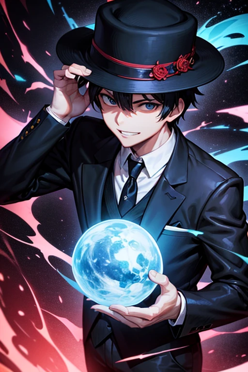 style of Makoto Shinkai, A super villain standing still in a dark background, he is wearing a black suit and red tie, he is wearing black dress pants, he has a black Fedora hat, he is looking down, facing forward, he is smiling, bright colors, high-quality, extreme quality, super detailed, 85mm lens, IMAX quality, absurd quality, hyper extreme quality, red and blue colors