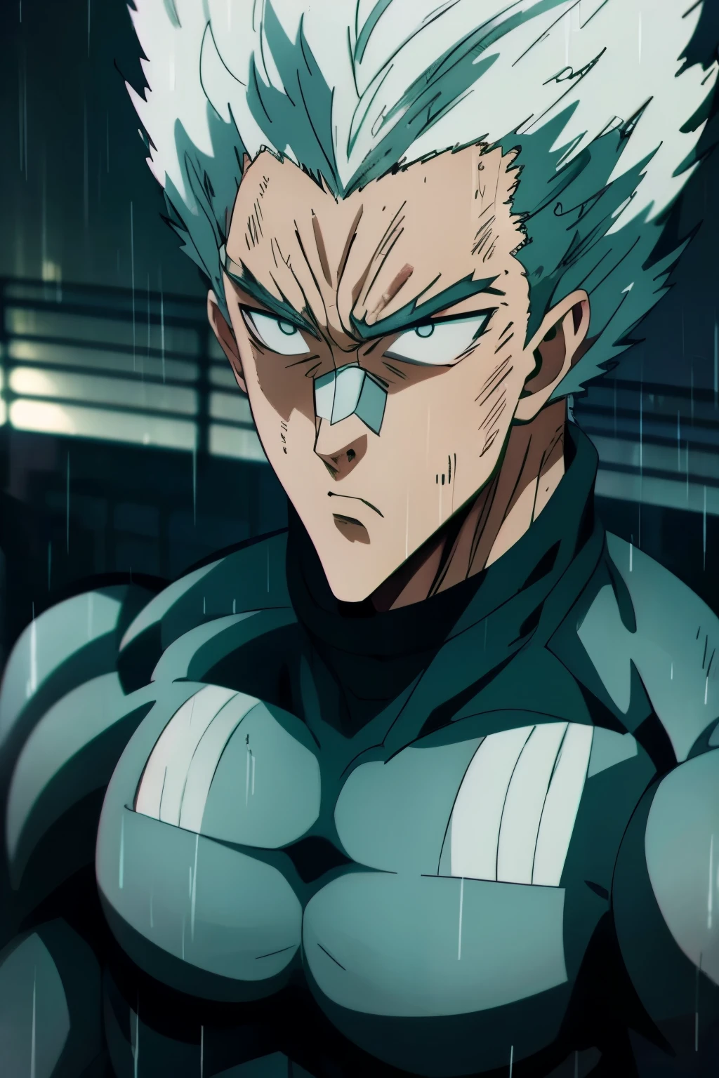 Garou from One Punch Man in the middle of the rain with a bandage on his nose looking sad