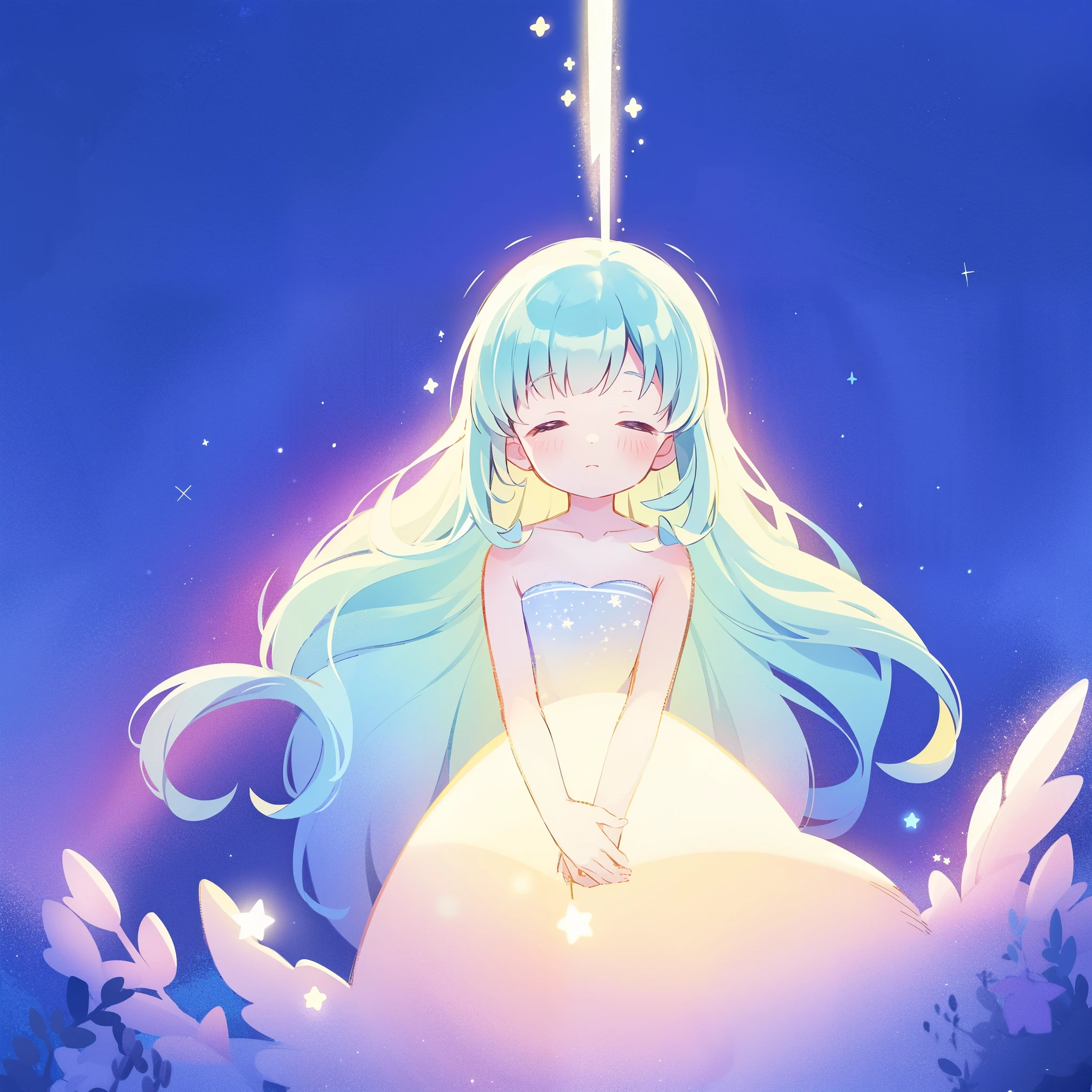 complex background, wishing star background, gradient colorful blue mint hair, a woman wearing an ethereal mystical pink translucent dress that reflects the stars, dreamy, peaceful, serene composition, glowing stars, glowing, complex drawing, highly detailed, ethereal, starry night, midjourney style