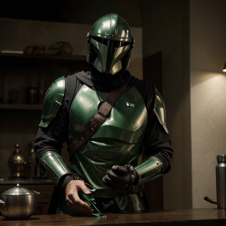 (Best quality, Highres, Ultra-detailed: 1.2)
Photorealistic, Film grain ISO 400, 35 mm lens RAW f1.8 aperture, Masterpiece: 1.2
A cinematic portrait of a Mandalorian, clad in a green tunic and a green helmet, exuding a sense of authority as he hands over a stack of credits, reminiscent of a financial broker.
The green armor, rich in intricate details, glimmers under the theatrical lighting, casting shadows that emphasize the rugged texture.
(Highly detailed skin texture, photorealistic: 1.