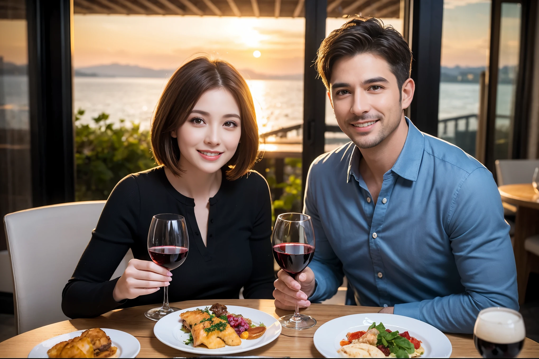 ((highest quality、8k、masterpiece:1.3))、 (Realistic, Real、Bright image、Intricate details:1.2), Best smile 1 man 1 woman、Beautiful couple、lover、couple、spouse、Beautiful couple、Happy smile、full-course dinner、 (Slim face), (Slim Body), (Brown Hair), (Short Hair), テーブルの上のwine glass、Please put light on my face、 Amazing view of the sunset sky and clouds、 (Age 44), 39 years old, red wine 、Appetizers、Wine bottle、sparkling wine、Long sleeve shirt、dress、White wine, red wine, wine glass,
