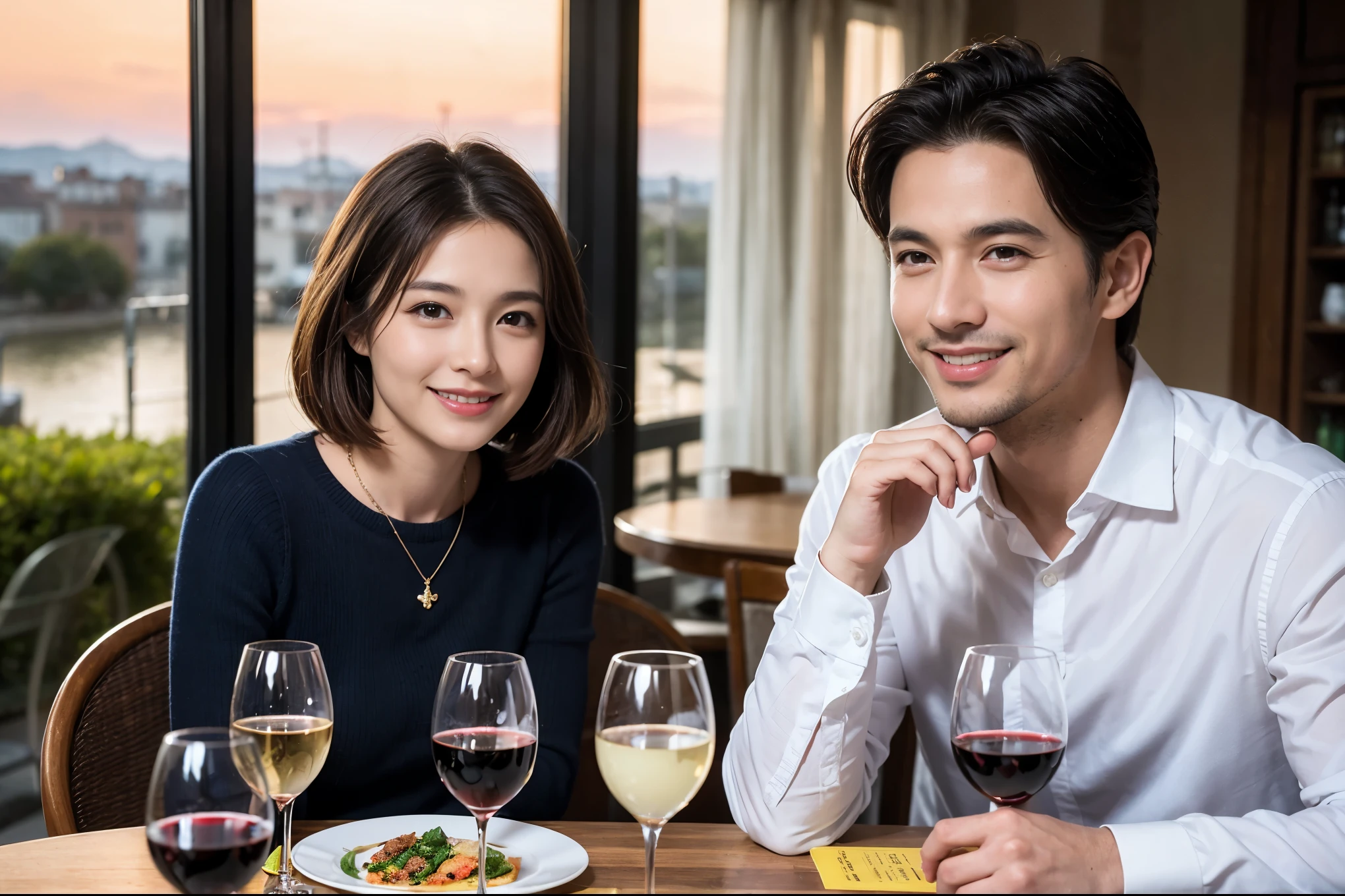 ((highest quality、8k、masterpiece:1.3))、 (Realistic, Real、Bright image、Intricate details:1.2), Best smile 1 man 1 woman、Beautiful couple、lover、couple、spouse、Beautiful couple、Happy smile、full-course dinner、 (Slim face), (Slim Body), (Brown Hair), (Short Hair), テーブルの上のwine glass、Please put light on my face、 Amazing view of the sunset sky and clouds、 (Age 44), 39 years old, red wine 、Appetizers、Wine bottle、sparkling wine、Long sleeve shirt、dress、White wine, red wine, wine glass,