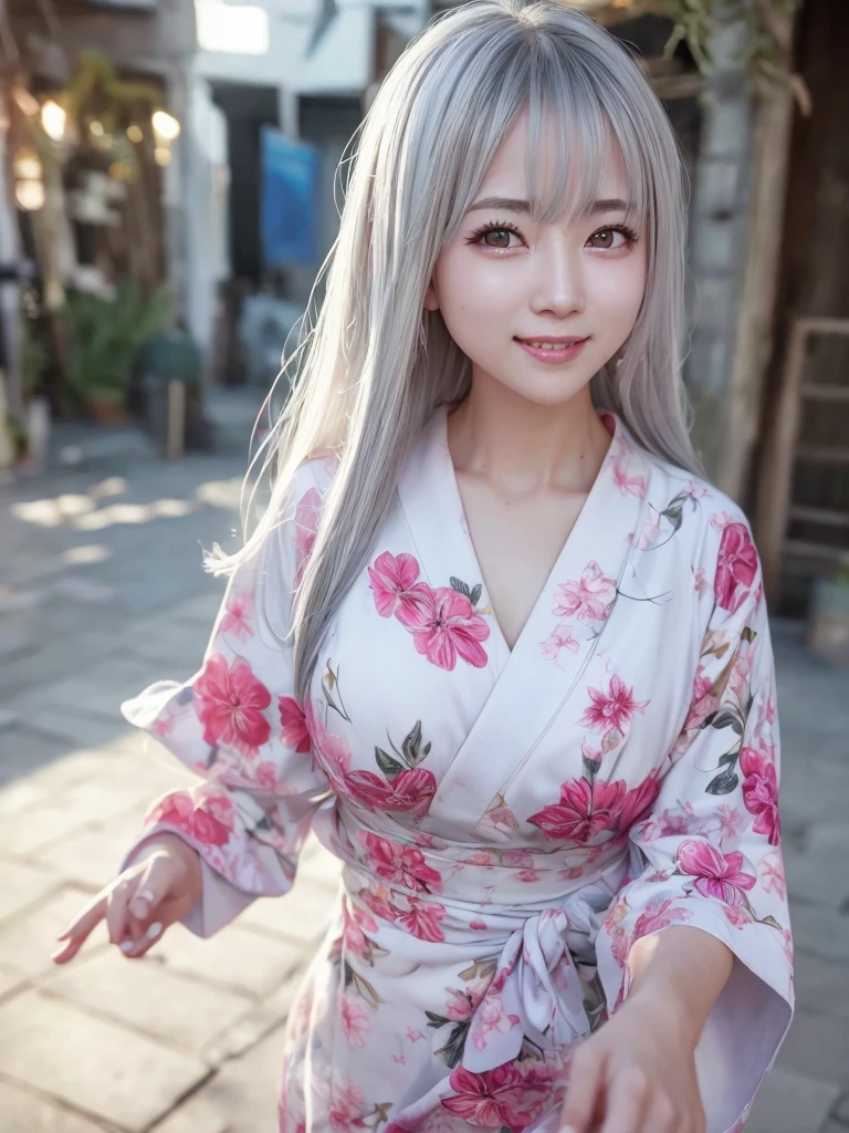 highest quality、8k Masterpiece、超A high resolution、(Photorealistic:1.3)、RAW Photos、1 girl、Silvery white hair、Glowing Skin、1. Super-beautiful Cyberpunk Soldiers、((Ultra-Realistic Details))、Portrait、Global Illumination、Shadow、Octane Rendering、8k、Super sharp、Metal、Cold colors、Very intricate details、Realistic Light、CGSoation Trend、Beautiful and shining eyes、Beautiful breasts、Beautiful ass、To the camera、Neon Details、smile、Super kind、whole body、Swaying in the Wind、Japanese Yukata、24age、Fantasy、During meals
