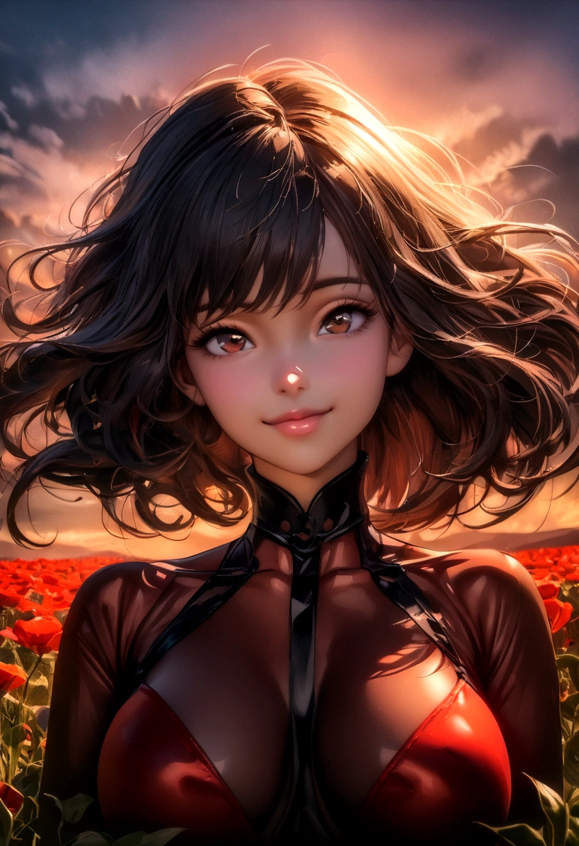 (best quality,4k,8k,highres,masterpiece:1.2),ultra-detailed,(best quality,realistic:1.2), lovely woman, Beautiful girl, red dress, skin tight dress, short black hair, field of poppy flowers, portrait, standing in an s-shape, lustful smile, seductive eyes, sexy breasts, ample breasts, curvy hips, sunset, play, joy, beauty, harmony, portrait, soft lighting, vibrant colors, HDR, 8k, absurdres, cinestill 800, sharp focus, add_detail:2, Ultra HD | | | ((Fullbody-shot)) add_detail:2 (1woman, solo)