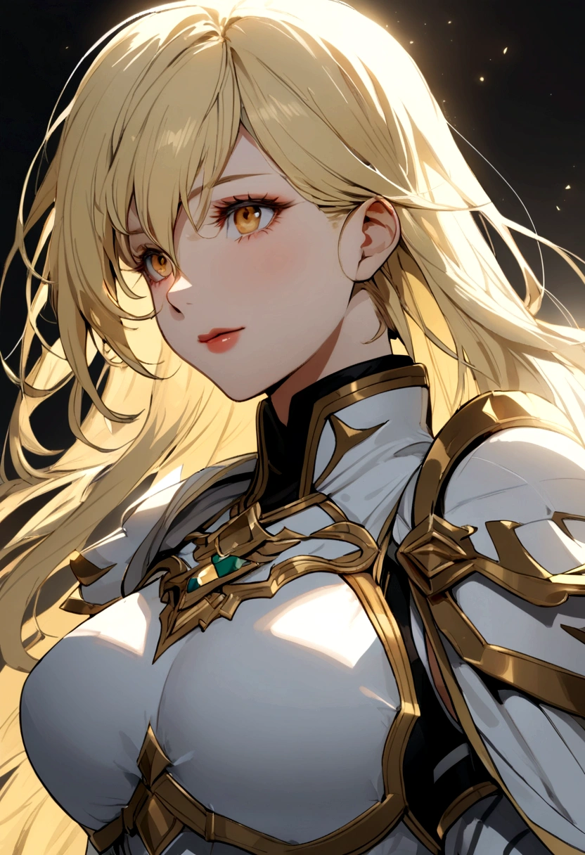 a mature woman of 26 years with long blonde hair, yellow eyes, wearing a white paladin outfit armor with a cape