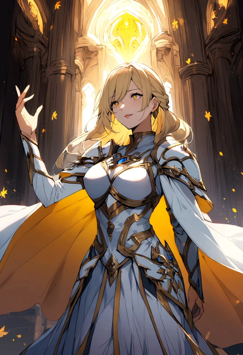 a mature woman of 26 years with long blonde hair, yellow eyes, wearing a white paladin outfit armor with a cape