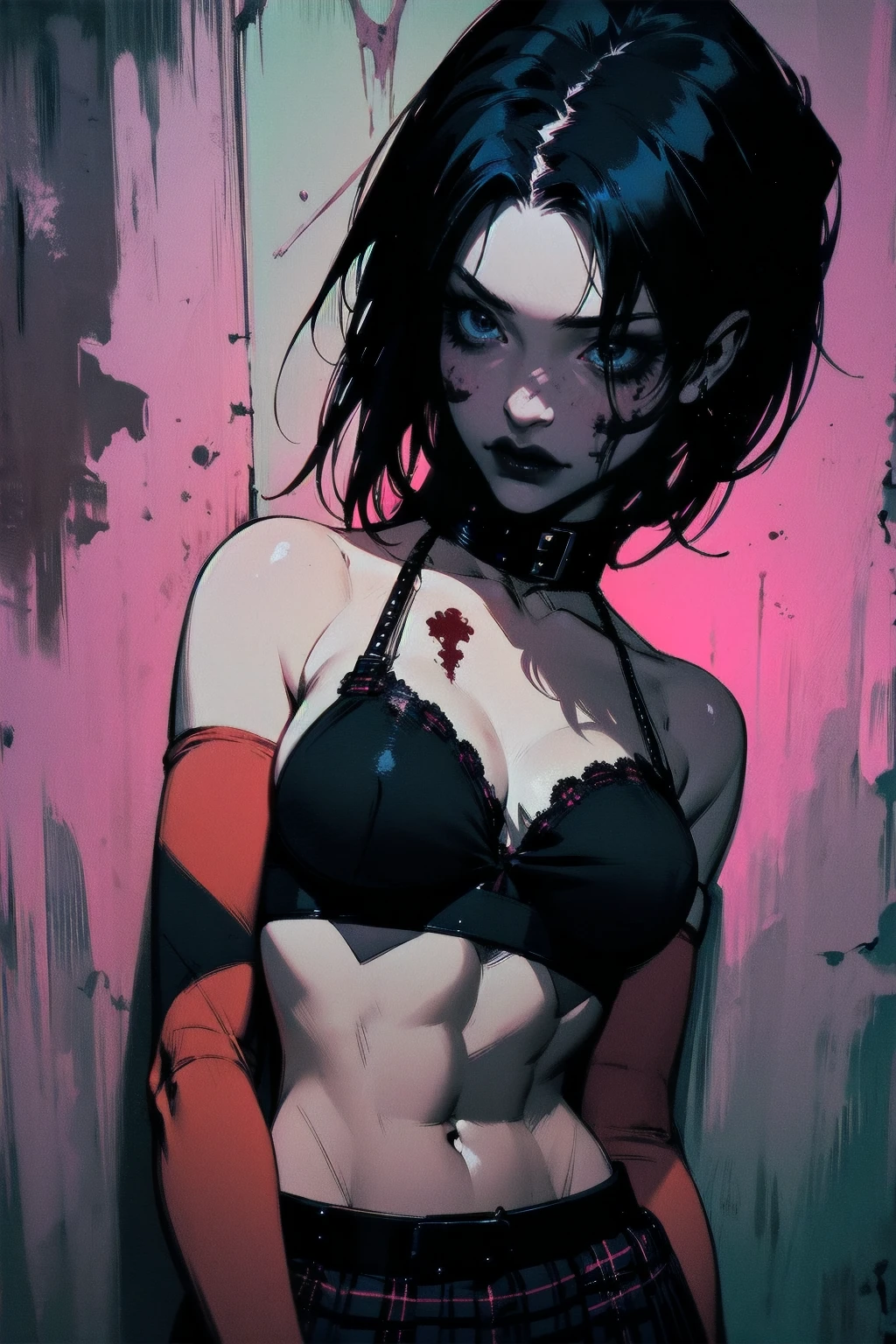 a woman with short black hair, hair on shoulders, wearing a black cropped and plaid skirt, blue eyes, zombie art, gothic art, cute aesthetic with vibe, toon aesthetic, wearing red costume, wearing gothic accessories, look like Cassie Hack, upper body, halloween background