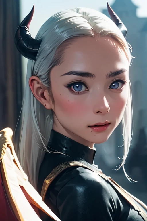 (masterpiece, highest quality)、Cute girl demon king、Pointed Ears、Horns growing from the head、Black Armor、Black devil wings、Not scary、head to waste、Castle、