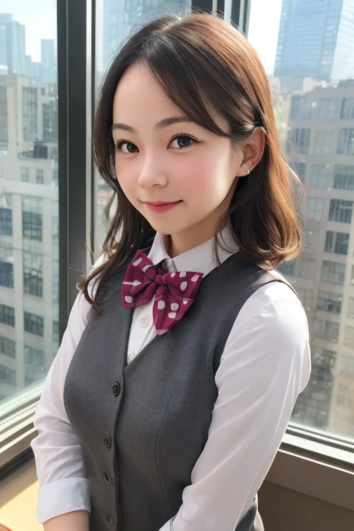 1girl, matured female, vest, bow, photo, realistic, best quality, hires, detailed face, office, buildings from window, detailed background, diffused sunlight, depth of field, bokeh