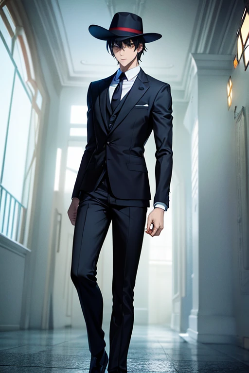 style of Makoto Shinkai, A super villain standing still in a dark background, he is wearing a black suit and red tie, he is wearing black dress pants, he has a black Fedora hat, he is looking down, facing forward, he is smiling, bright colors, high-quality, extreme quality, super detailed, 85mm lens, IMAX quality, absurd quality, hyper extreme quality, red and blue colors