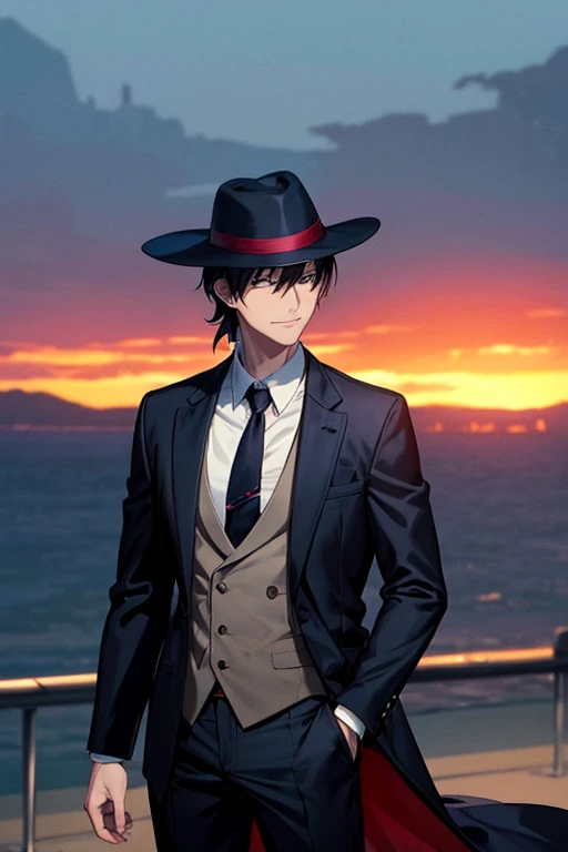 style of Makoto Shinkai, A super villain standing still in a dark background, he is wearing a black suit and red tie, he is wearing black dress pants, he has a black Fedora hat, he is looking down, facing forward, he is smiling, bright colors, high-quality, extreme quality, super detailed, 85mm lens, IMAX quality, absurd quality, hyper extreme quality, red and blue colors