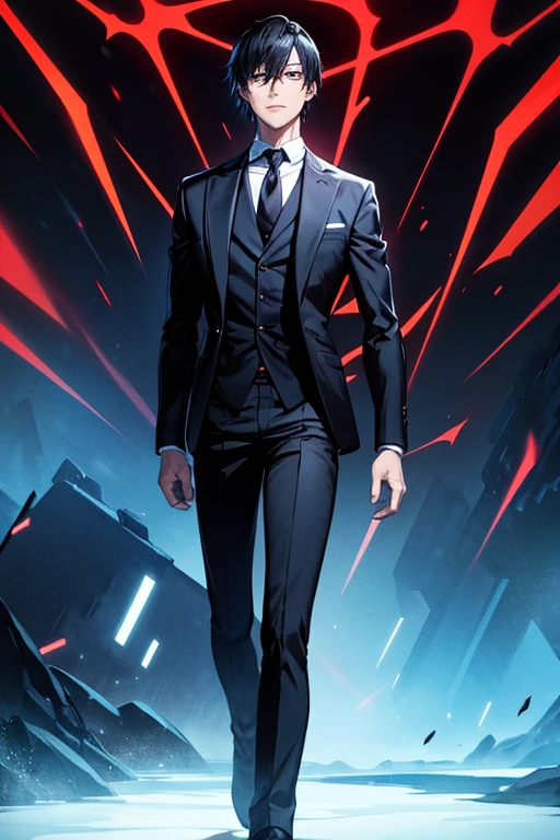 style of Makoto Shinkai, A super villain standing still in a dark background, he is wearing a black suit and red tie, he is wearing black dress pants, he has a black Fedora hat, he is looking down, facing forward, he is smiling, bright colors, high-quality, extreme quality, super detailed, 85mm lens, IMAX quality, absurd quality, hyper extreme quality, red and blue colors