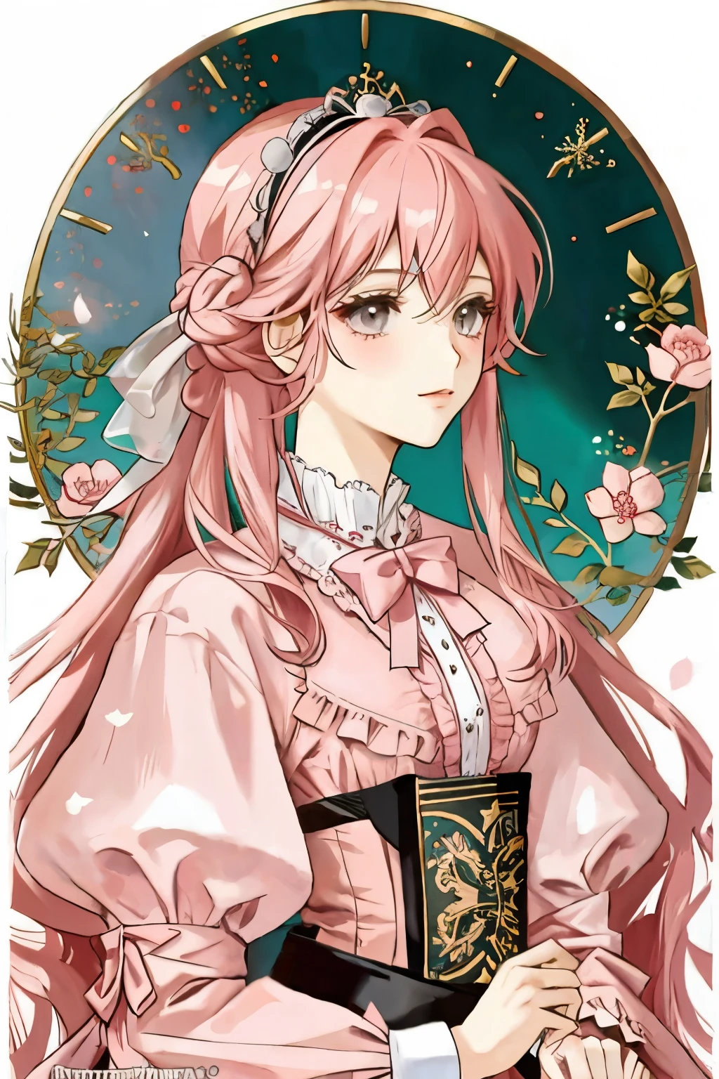 apathetic anime woman with long pink hair and grey eyes dressed in Victorian clothing