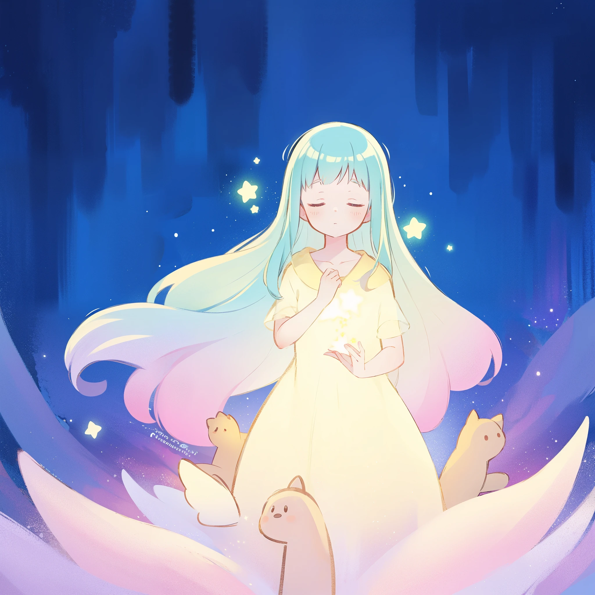 complex background, wishing star background, gradient colorful blue mint hair, a woman wearing an ethereal mystical pink translucent dress that reflects the stars, dreamy, peaceful, serene composition, glowing stars, glowing, complex drawing, highly detailed, ethereal, starry night, midjourney style