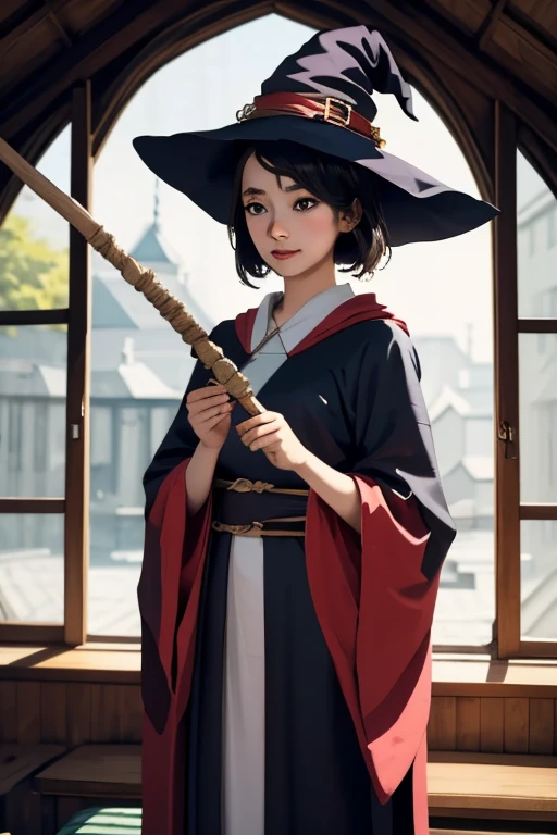 (masterpiece, highest quality), Cute single girl、Cute Witch、Cute Wizard:1.5、Witch Robe、Witch Hat、head to waste、