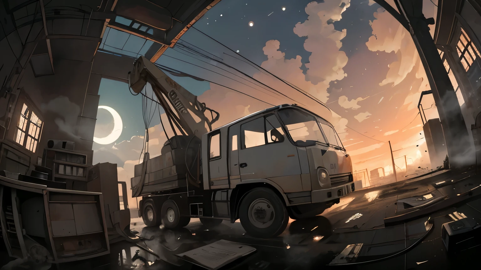 Inside an abandoned factory、Dim lighting、Dusty、Crane truck、Heavy machinery、Atrium、Light shines through the broken ceiling、Faint lighting、There are a lot of wires、Top Quality、Detailed Background、(((Fisheye Lens)))、night、Broken lighting, (((MOON Light))), (((cloud of dust))), Severely damaged