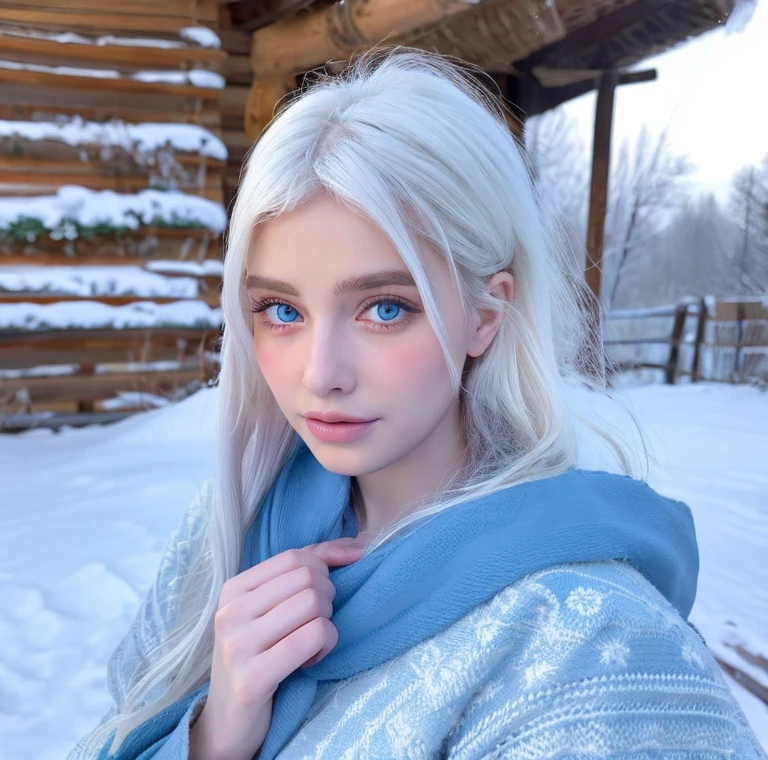 Beautiful girl, blue eyes, white hair, detailed facial traits, national turkic female dress, naked breasts, yurta behind, it's snowing