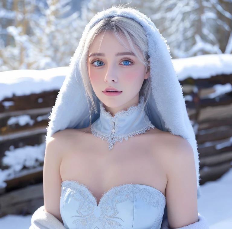 Beautiful girl, blue eyes, white hair, detailed facial traits, national turkic female dress, naked breasts, yurta behind, it's snowing