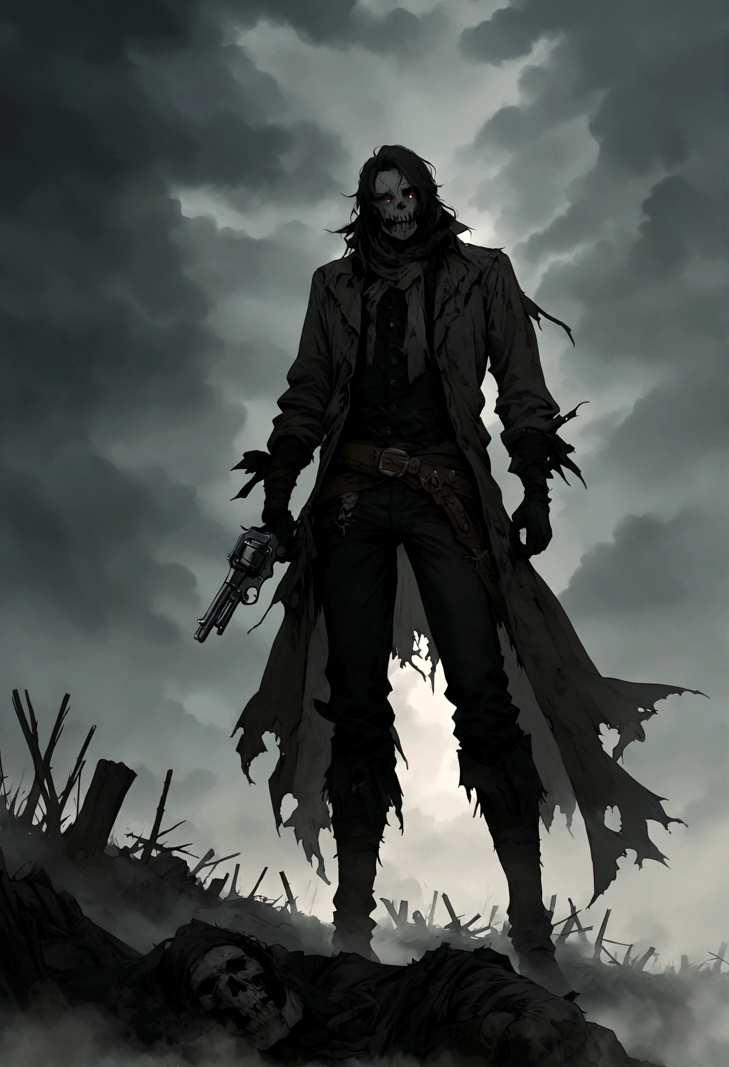 An undead Cowboy with a split jaw and empty eye sockets, gloomy atmosphere, rot, full body, western, revolver