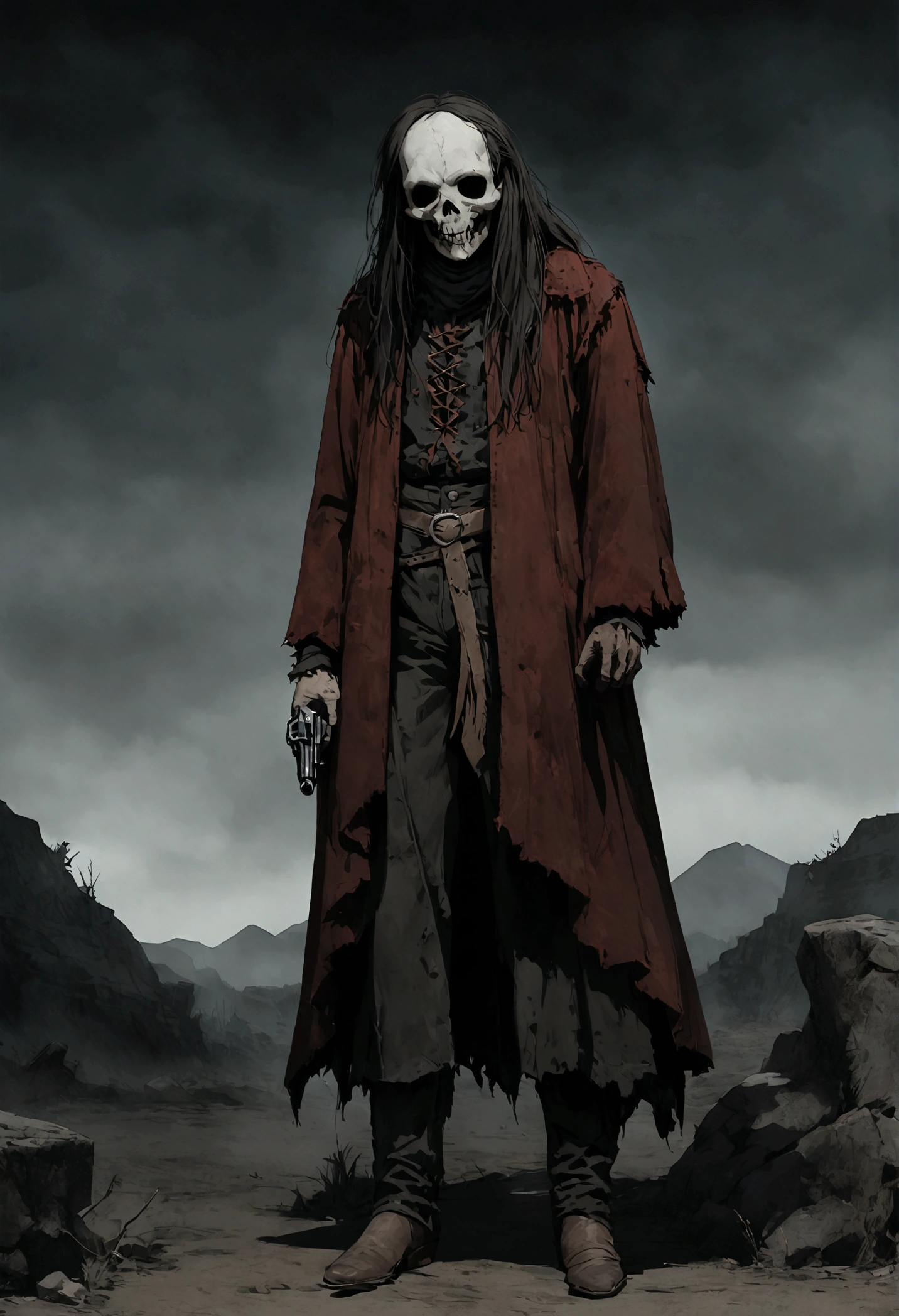 An undead Cowboy with a split jaw and empty eye sockets, gloomy atmosphere, rot, full body, western, revolver