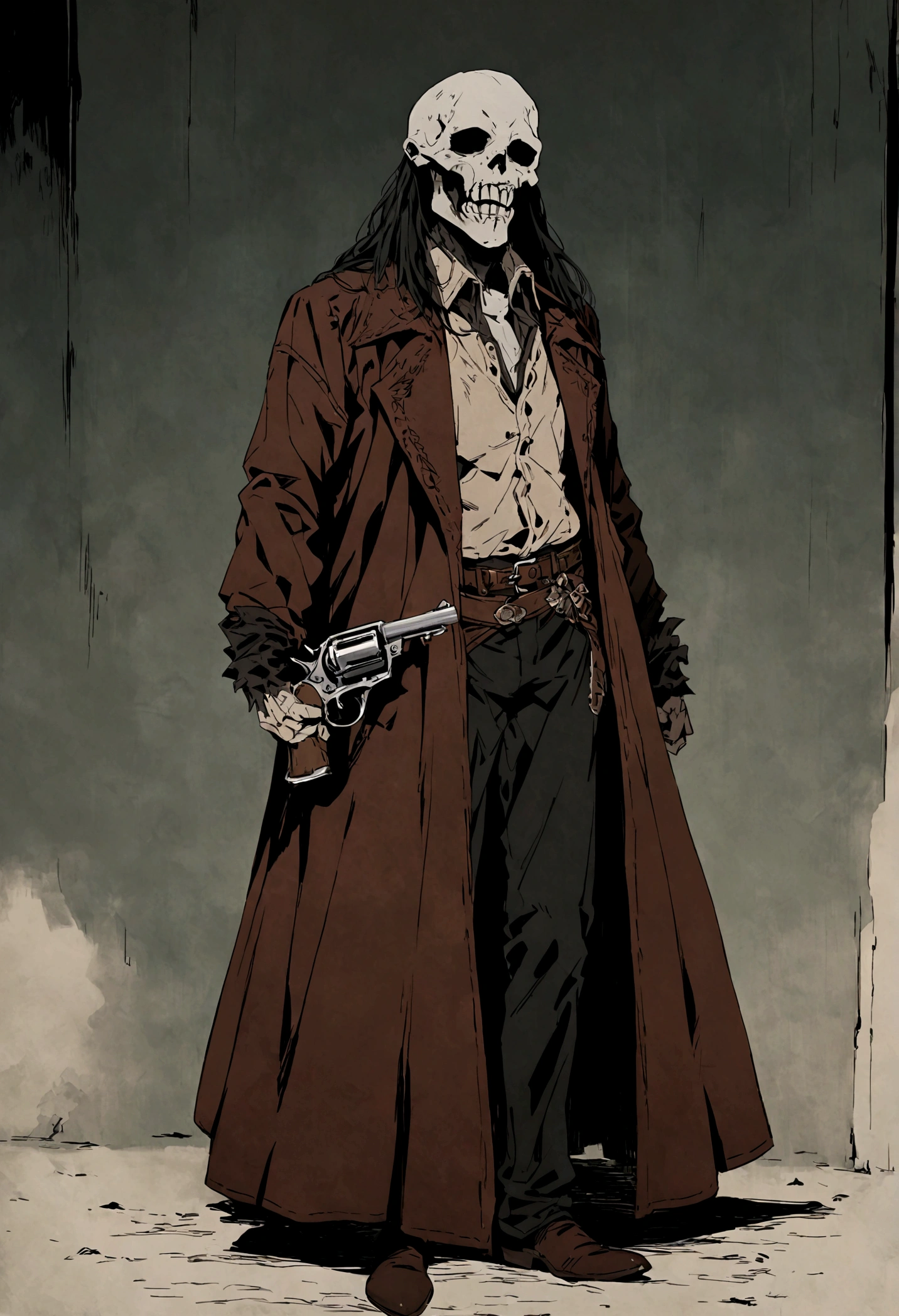An undead Cowboy with a split jaw and empty eye sockets, gloomy atmosphere, rot, full body, western, revolver