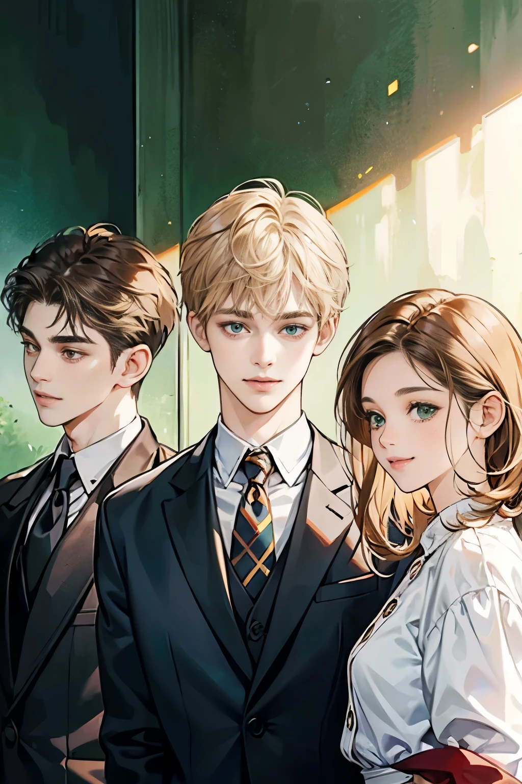 Friends, 3 boys, 1 girl, brothers, different hair color, short dark hair and brown eyes, short blonde hair and green eyes, short brown hair and brown eyes, side by side, suit, smile, white clothe, 25 years old