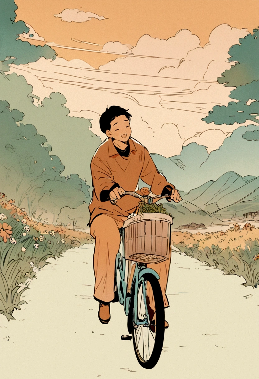 Young Chinese dad riding a bicycle, There is a cute girl sitting in front,, All smiles,Beautiful spring view, Poster Graphic Design,Flat illustration,warm color,Fine details,high quality