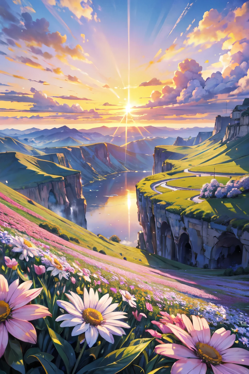 Background only, unmanned, 最high quality, masterpiece, High resolution, 8k, Super sharp, Background only, Large group of flowers, Beautiful and cute flowers, Flowers Bloom, Beautifully detailed clouds, Beautiful sunset, Beautiful views, noon、Beautiful sunny weather, country of flowers, Overall image, high quality, Super sharp, High resolution, 最high quality