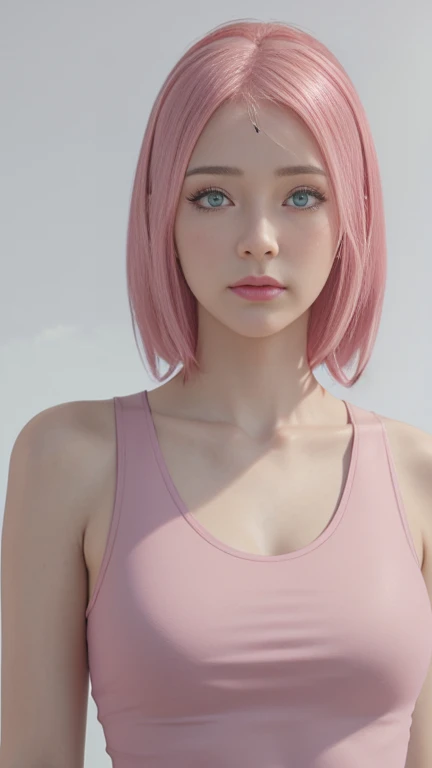 young woman, short shoulder-length pink hair, wide forehead, porcelain skin, pink eyebrows, big emerald green eyes, buttoned nose, full lips, heart-shaped face, slender body, small breasts, red tank top, Sakura Haruno , realistic, realism, details, 3d, well detailed