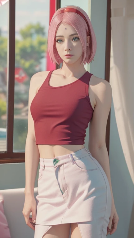 young woman, short shoulder-length pink hair, wide forehead, porcelain skin, pink eyebrows, big emerald green eyes, buttoned nose, full lips, heart-shaped face, slender body, small breasts, red tank top, Sakura Haruno , realistic, realism, details, 3d, well detailed
