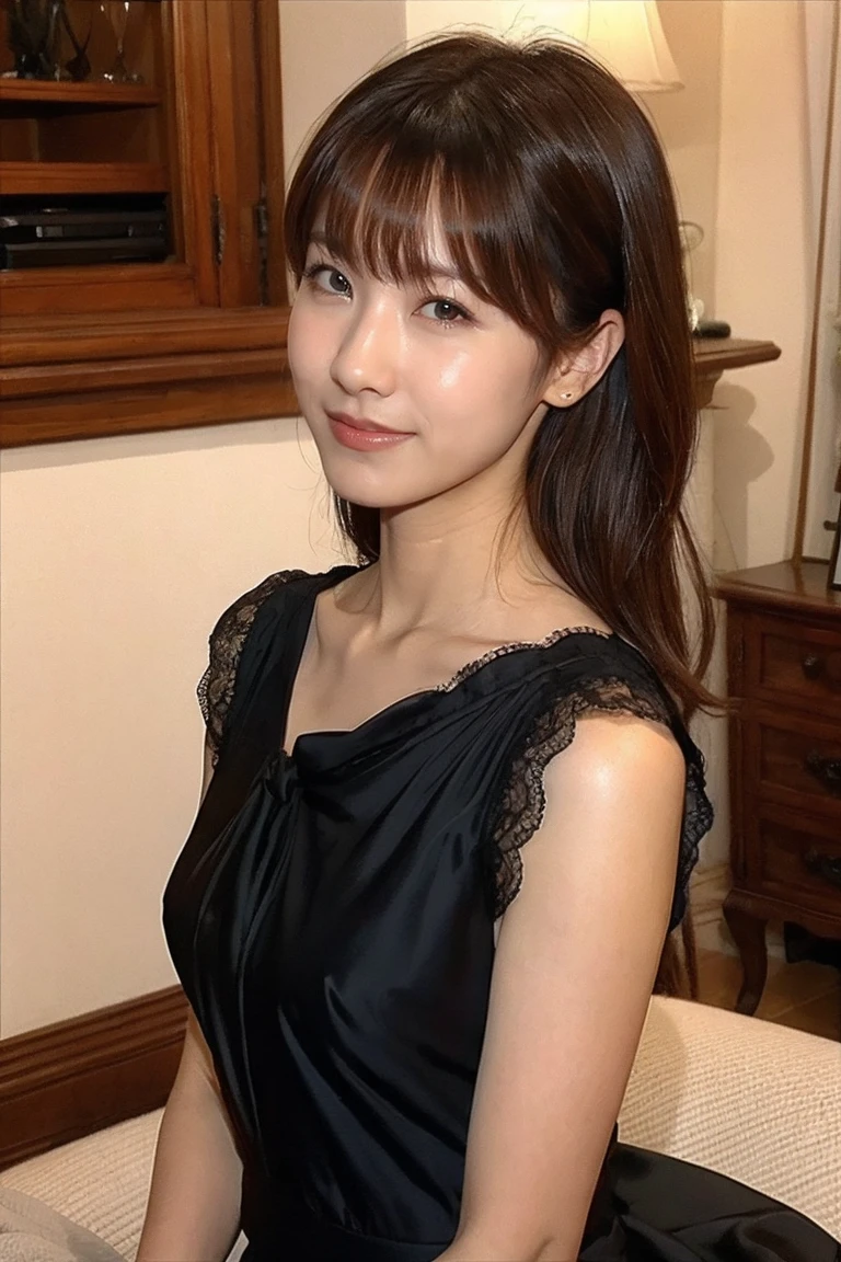 Medium Size Display, Medium Shot, Written boundary depth, bust, whole body, Movie angle, masterpiece, highest quality, Very detailed, CG, 8k wallpaper, Beautiful Face, Delicate eyes, Otome, alone, smile, bangs、shirt, See-through black dress,High heels、vase