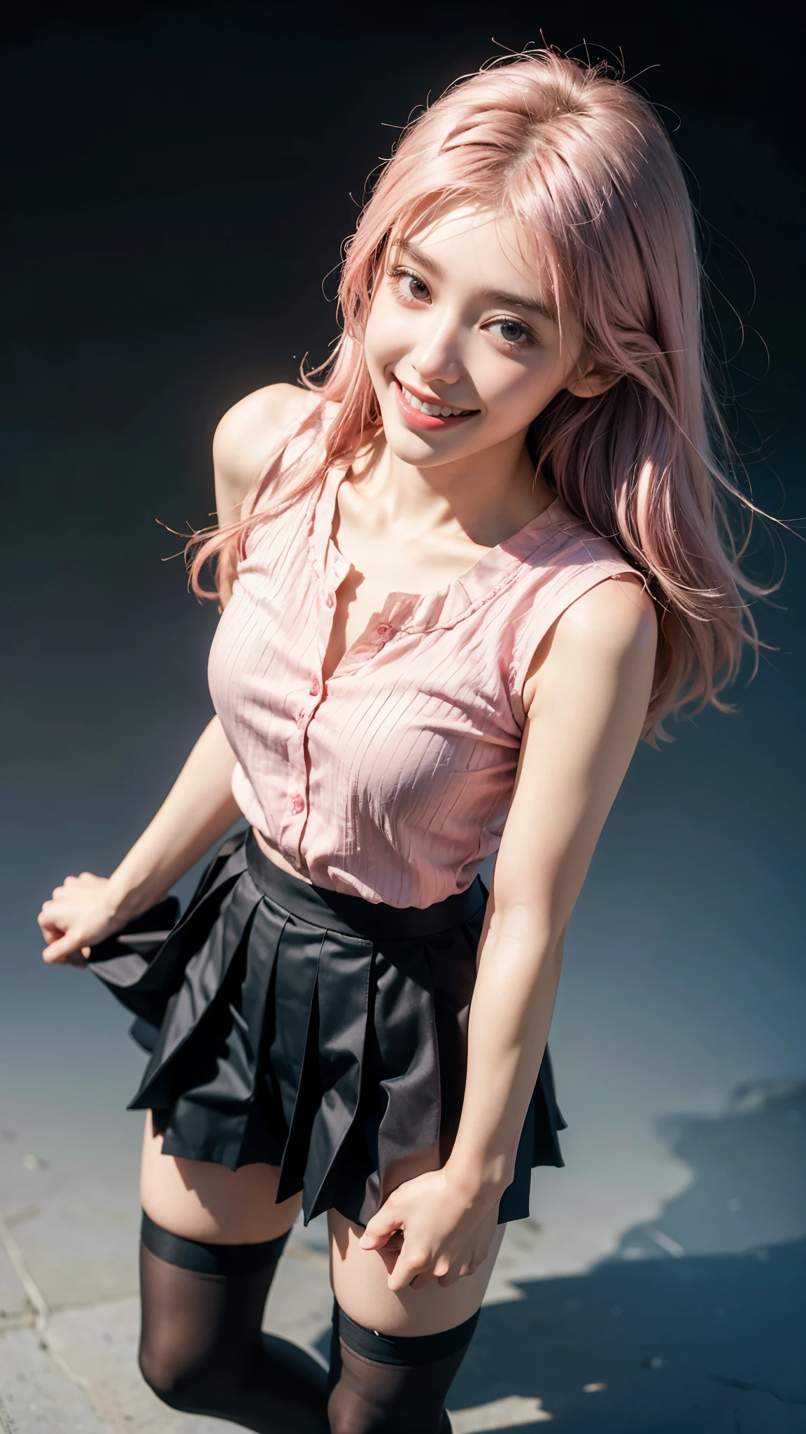 highest quality, masterpiece, Ultra-high resolution,8k, (Realistic:1.6), (Facing portraits) RAW Photos, There are two girls.,(I'm showing my teeth and smiling)), 22 years old,((Light pink hair)),((Beautiful feet)),((Black blouse with knee-length pleated skirt)),((Black Stockings,)),((Silver straight shorthair)),((From above:1.4)),Face Focus:1.4,((Simple solid color background)), Image Media Chest)),((Smiling with teeth showing)),
