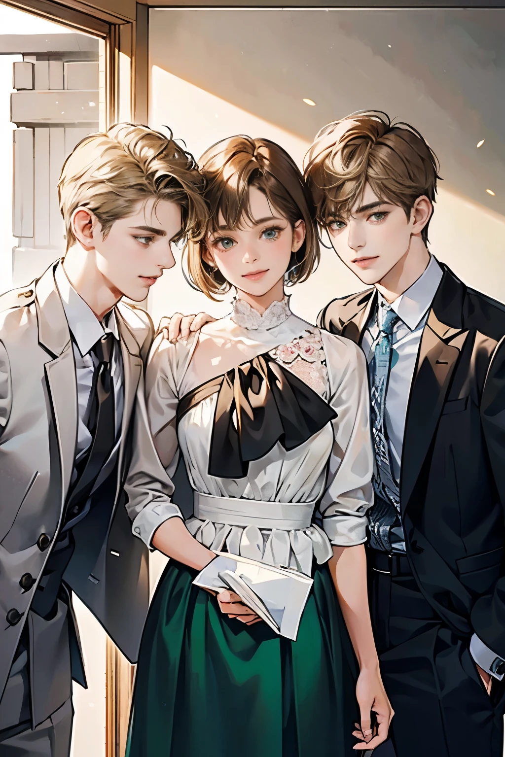 Friends, 3 boys, 1 girl, brothers, different hair color, short dark hair and brown eyes, short blonde hair and green eyes, short brown hair and brown eyes, side by side, suit, smile, white clothe, 25 years old