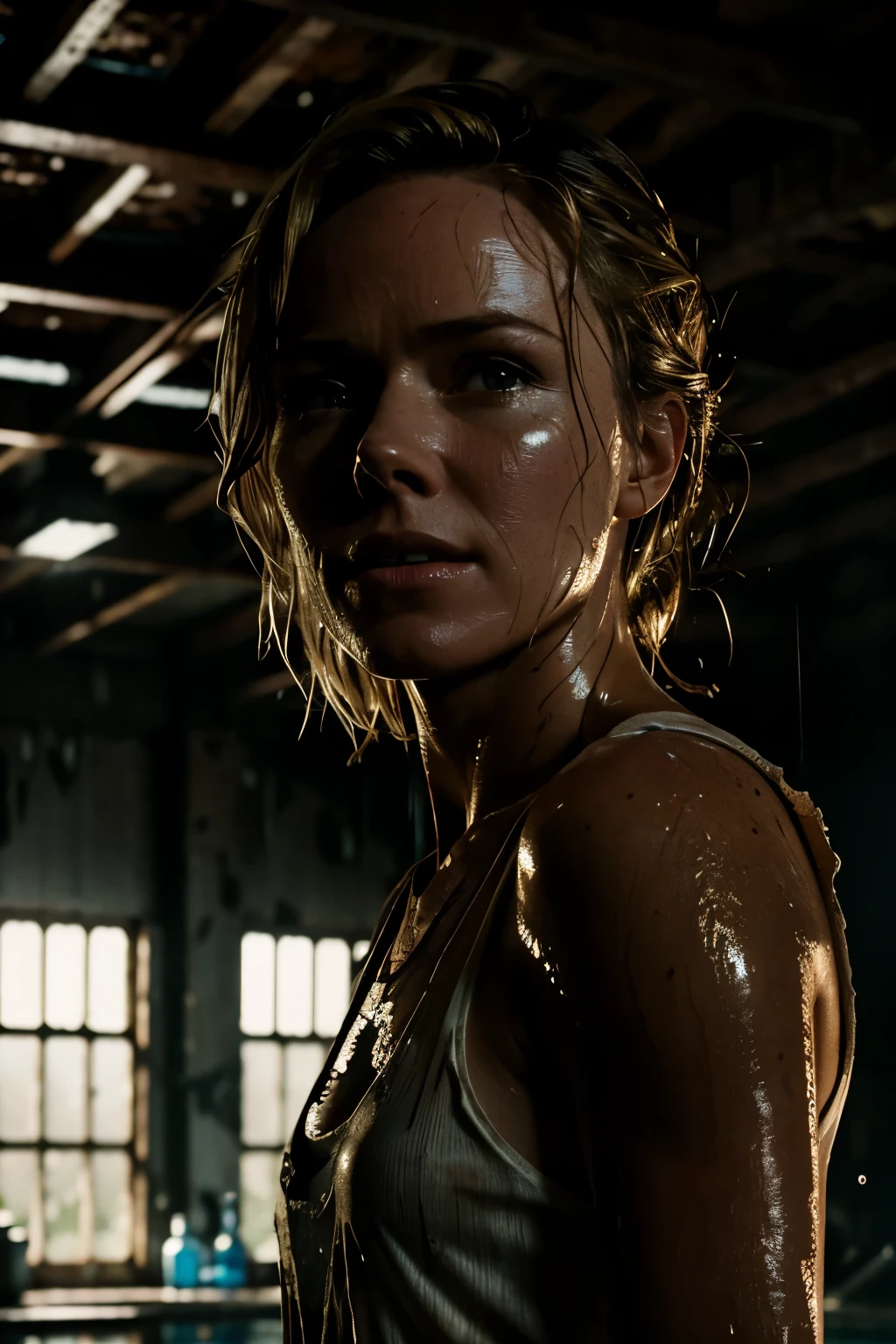 serious scared Naomi Watts in water in torn up ruined clothes hiding in abandoned lab clear white skin, wet and muddy, scratches everywhere, face dirty photography, natural light, photorealism, cinematic rendering, ray tracing, the highest quality, the highest detail, Cinematic, Third-Person View, Blur Effect, Long Exposure, 8K, Ultra-HD, Natural Lighting, Moody Lighting, Cinematic Lighting