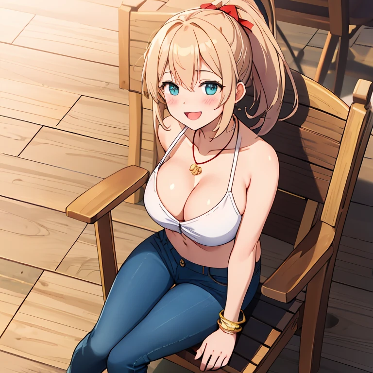 Best quality 

ultra-detailed

Slender body type

Mediterranean island cafe

Late golden time

Sitting on the chair

White Blond hair 

Ponytail with red ribbon

Simple necklace 

Simple bracelet 

Sparkling dark blue-green eyes:0.6

Slightly lager 

Cute pink 

Very happy Open-mouth smile:1.4

Blush 

Wearing  denim hot pants 

Show off :1.8



From above 

Full body:1.4

squint down turned eyes



Looking away:0.8
